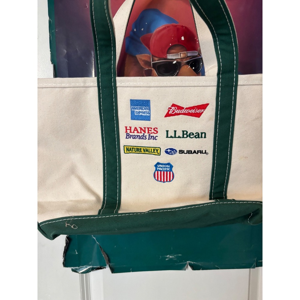 LL Bean Boat and Tote Bag Medium Green Canvas Multi Logo Budweiser Subaru USA